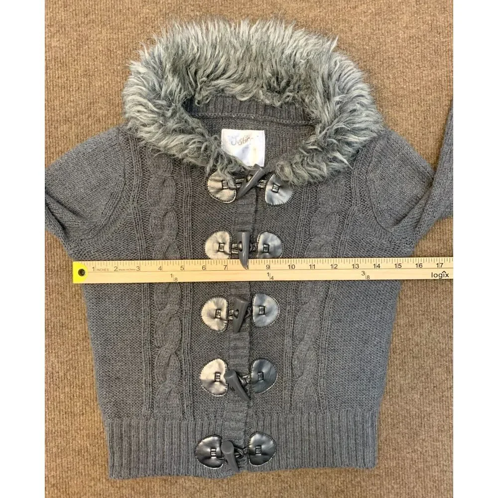 Vintage Justice Sweater Girls 8 Cardigan Fur Collar Cable Knit Toggle Button Y2K